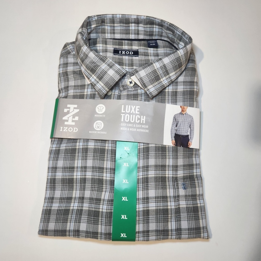 Mens Izod Button Up Dress Shirt, XL Gray‎ Plaid